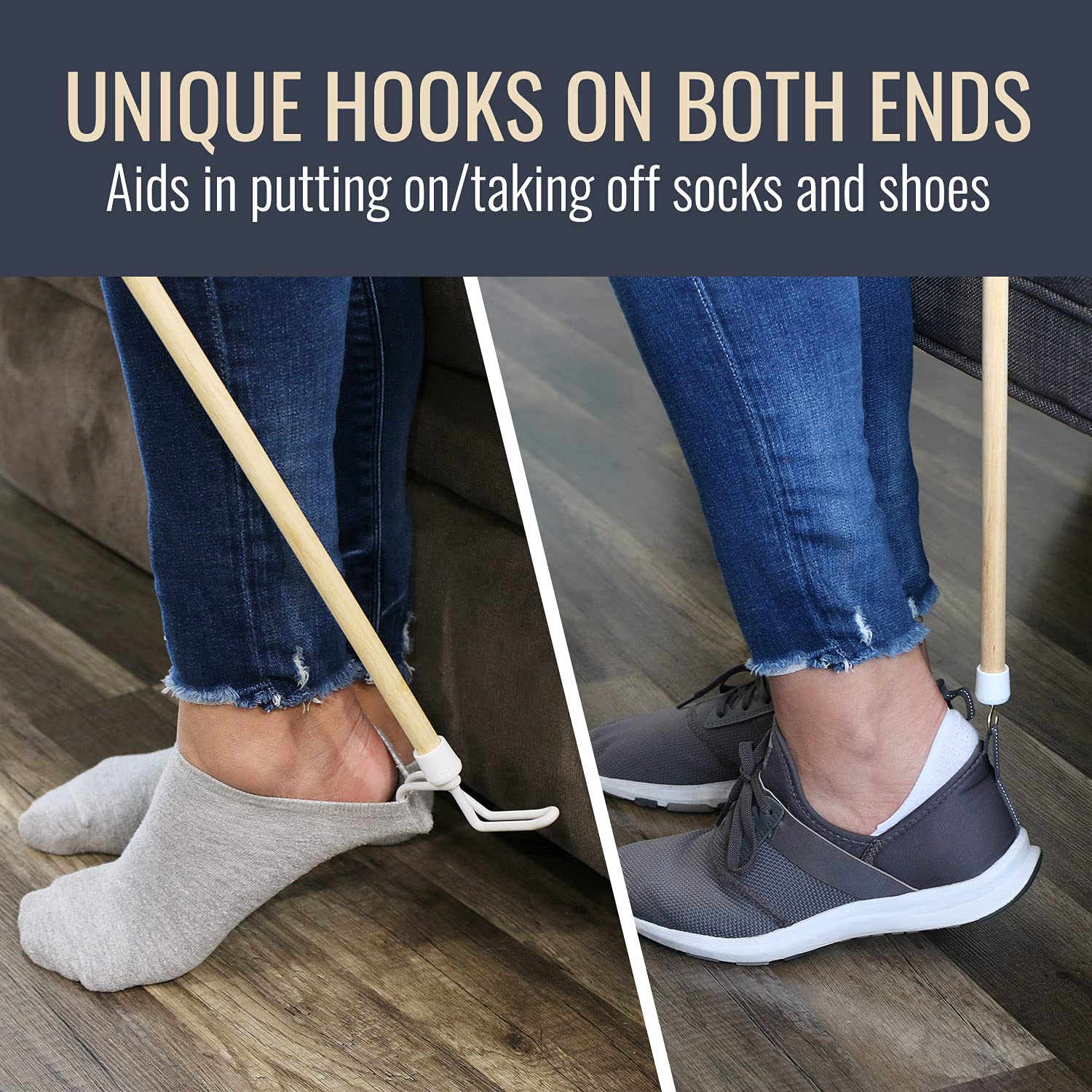 DMI Dressing Stick Wood with Metal and Vinyl Hooks, Lightweight Dressing Aid for Elderly and Handicapped, Zipper Aid, Tool for Retrieving Items, 27 Inches, DMI - Image 3