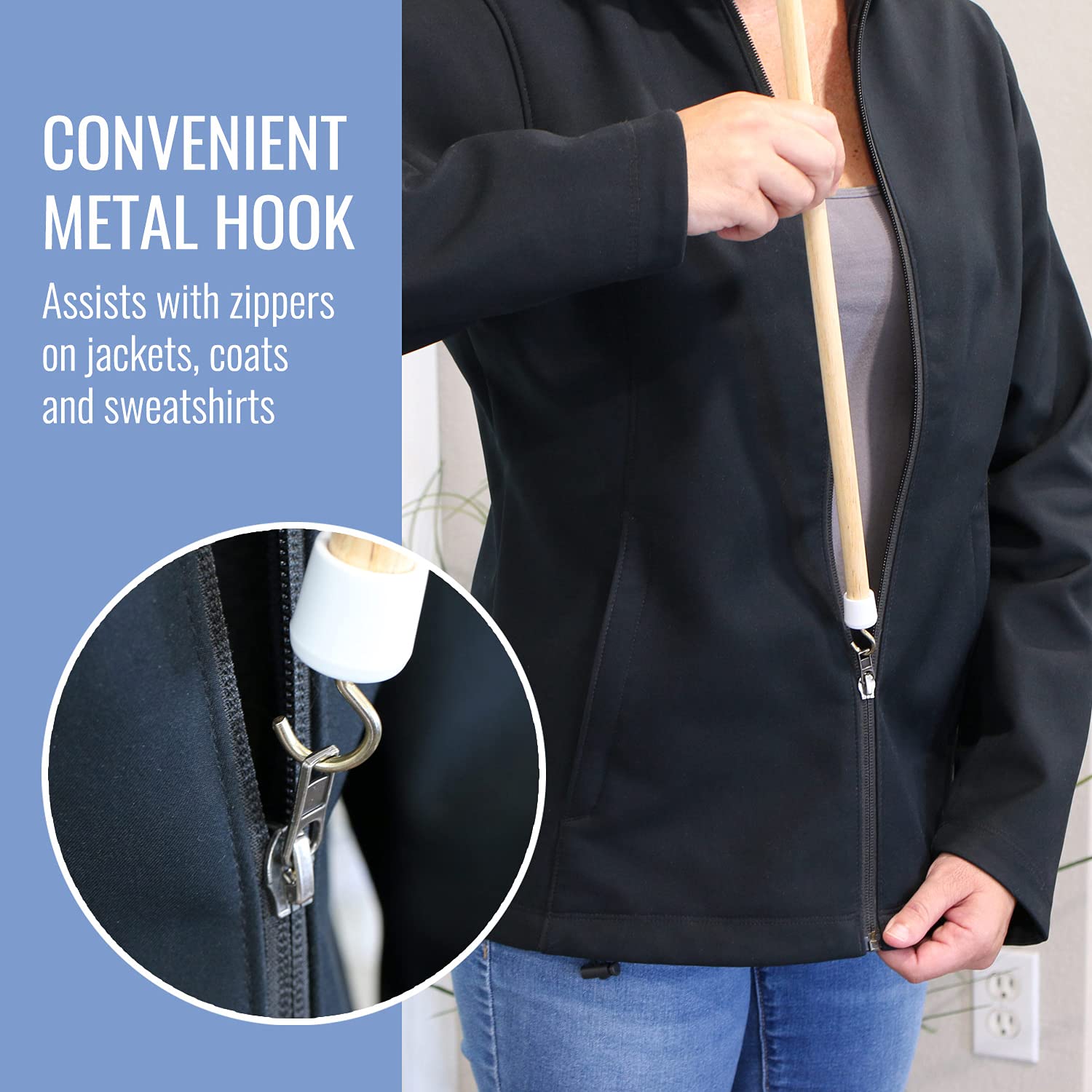 DMI Dressing Stick Wood with Metal and Vinyl Hooks, Lightweight Dressing Aid for Elderly and Handicapped, Zipper Aid, Tool for Retrieving Items, 27 Inches, DMI - Image 5