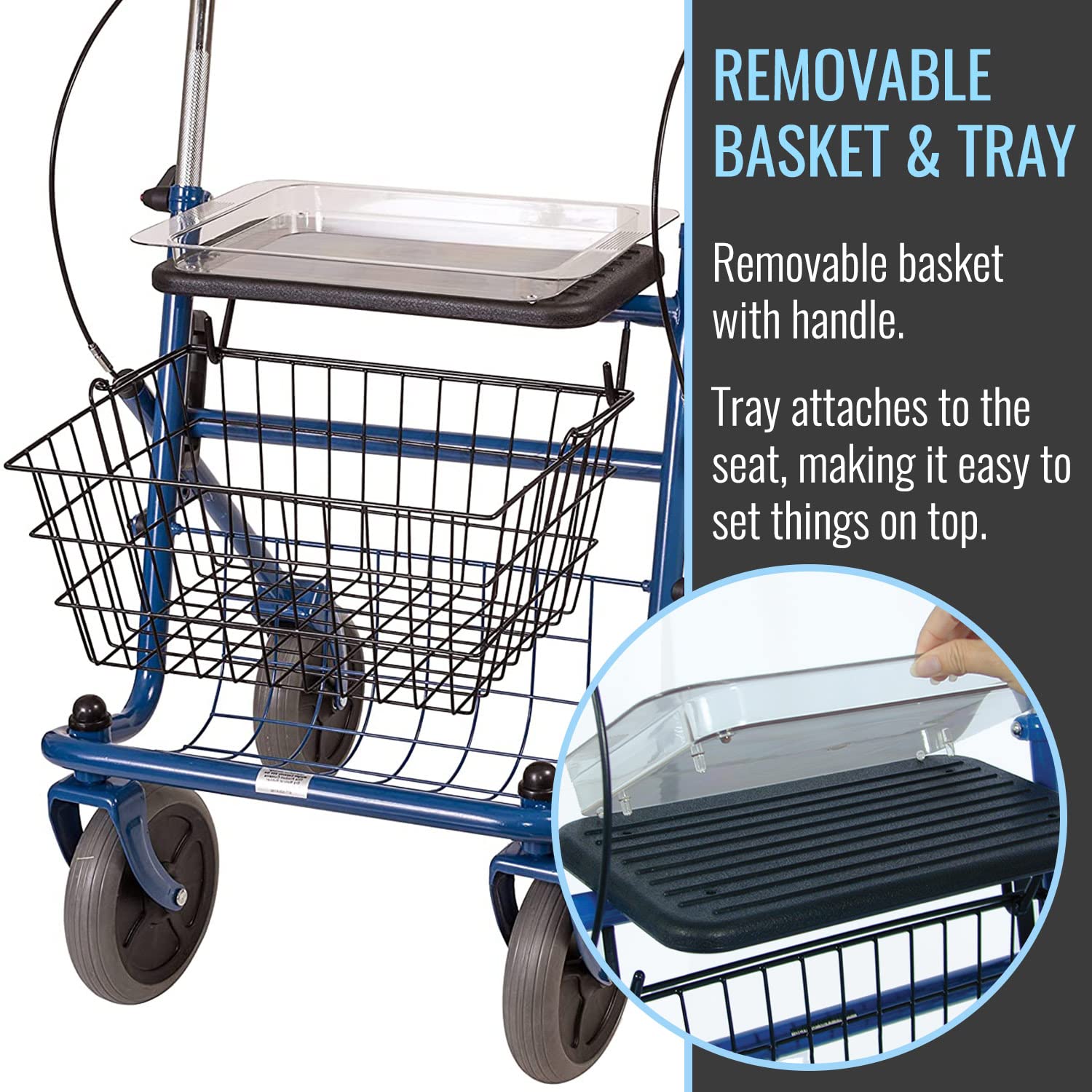 DMI Steel Rollator Walker with Padded Seat, Adjustable Handle Height, Removable Storage Basket, FSA and HSA Eligible, Handbrakes, Blue - Image 4