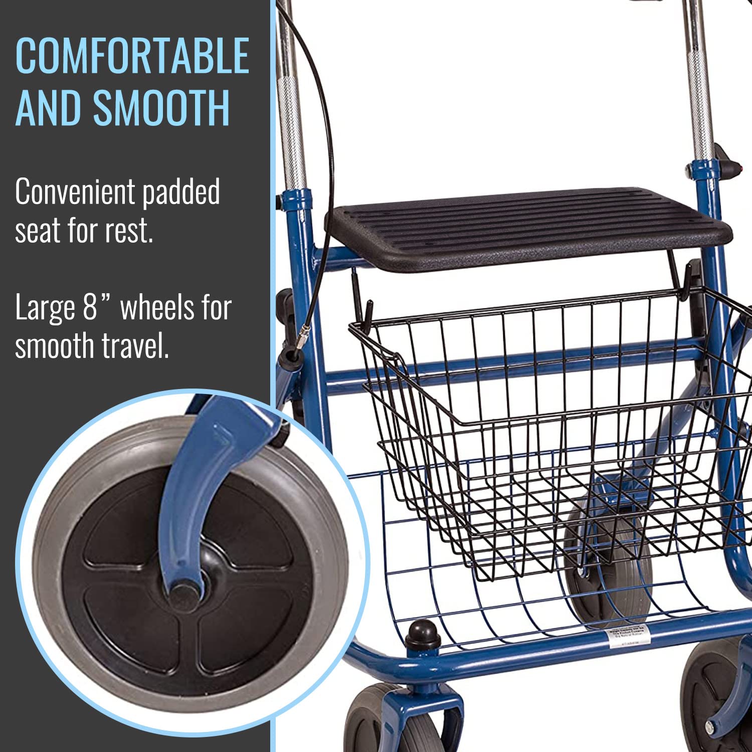 DMI Steel Rollator Walker with Padded Seat, Adjustable Handle Height, Removable Storage Basket, FSA and HSA Eligible, Handbrakes, Blue - Image 5
