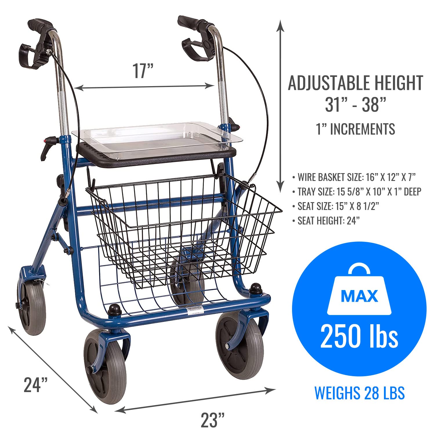 DMI Steel Rollator Walker with Padded Seat, Adjustable Handle Height, Removable Storage Basket, FSA and HSA Eligible, Handbrakes, Blue - Image 7