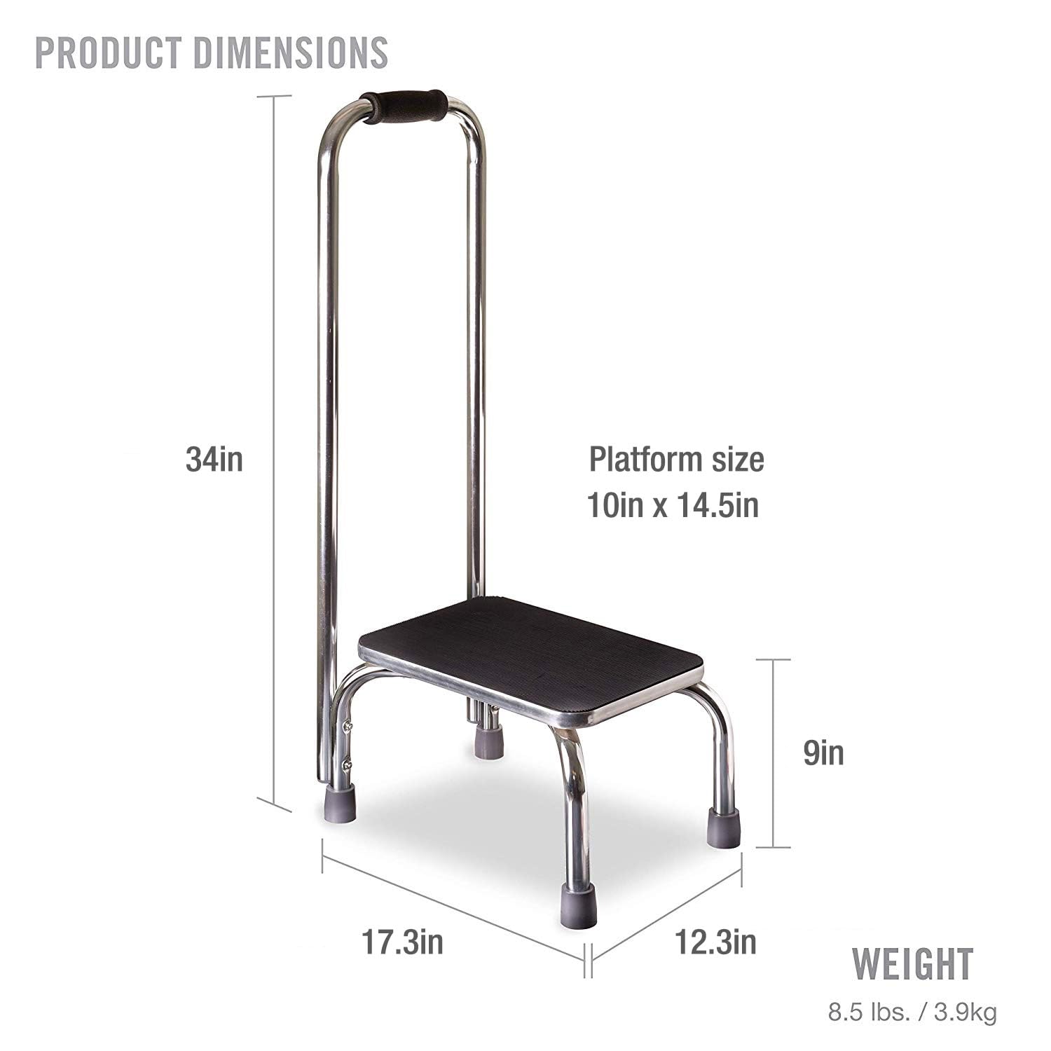 DMI Step Stool with Handle and Non Skid Rubber Platform, Lightweight and Sturdy Stool for Seniors, Adults and Children, Holds up to 300 Pounds with 9.5 Inch Step Up, 17.3"D x 12.3"W x 34"H, Chrome - Image 3