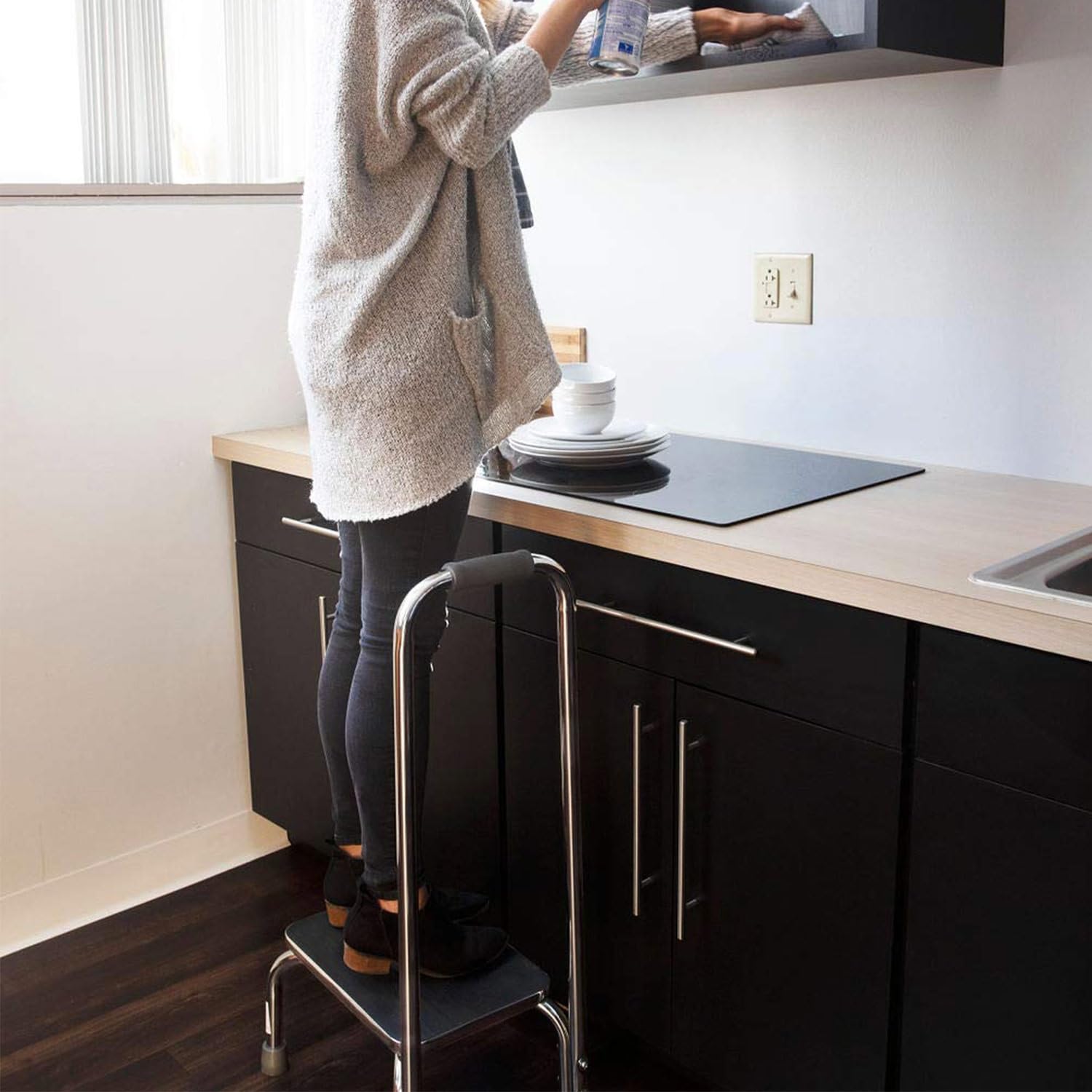 DMI Step Stool with Handle and Non Skid Rubber Platform, Lightweight and Sturdy Stool for Seniors, Adults and Children, Holds up to 300 Pounds with 9.5 Inch Step Up, 17.3"D x 12.3"W x 34"H, Chrome - Image 5