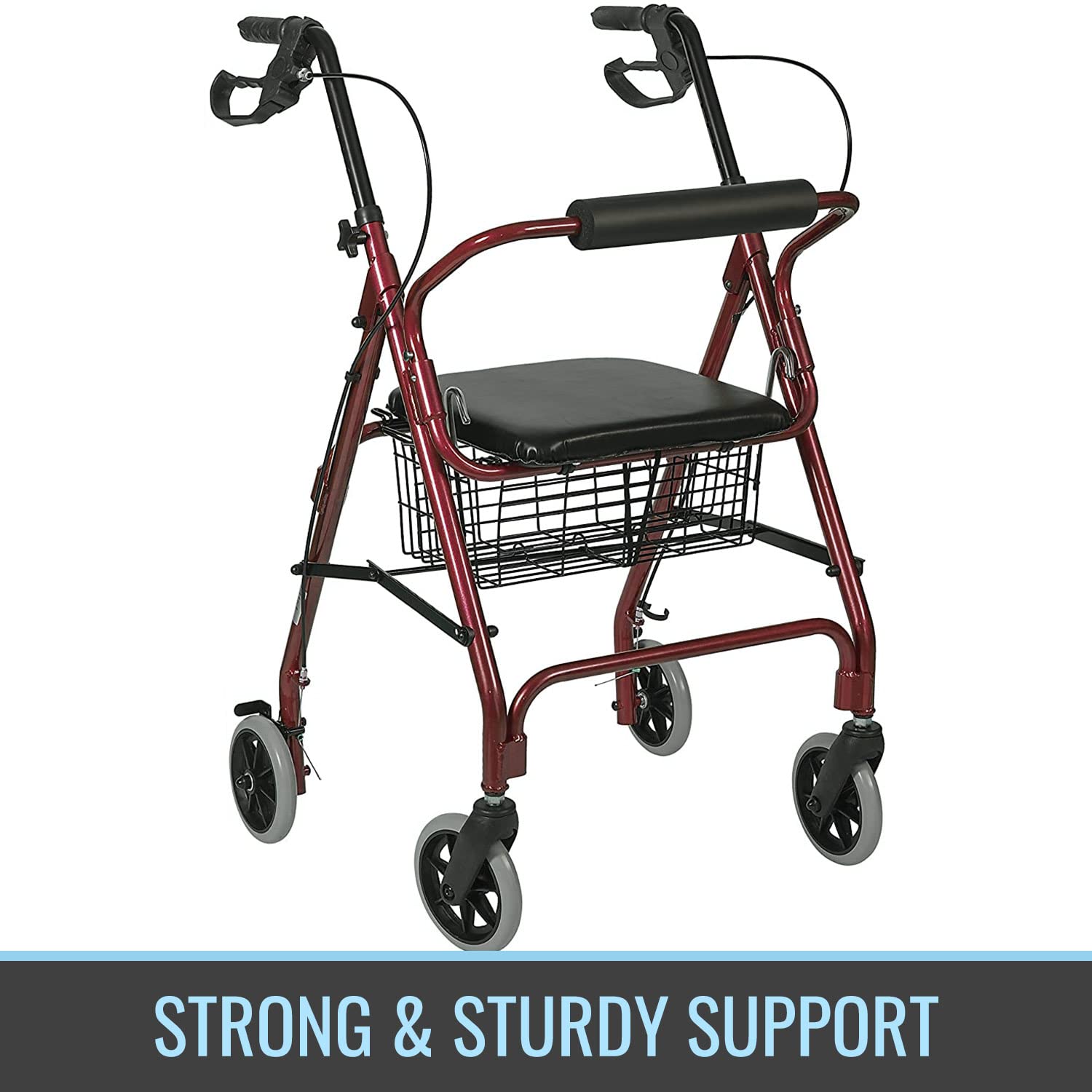 DMI Ultra Lightweight Folding Aluminum Rollator Walker with Adjustable Handle Height, FSA and HSA Eligible, Cushioned Flip Up Seat and Convenient Storage Basket, Burgundy - Image 3