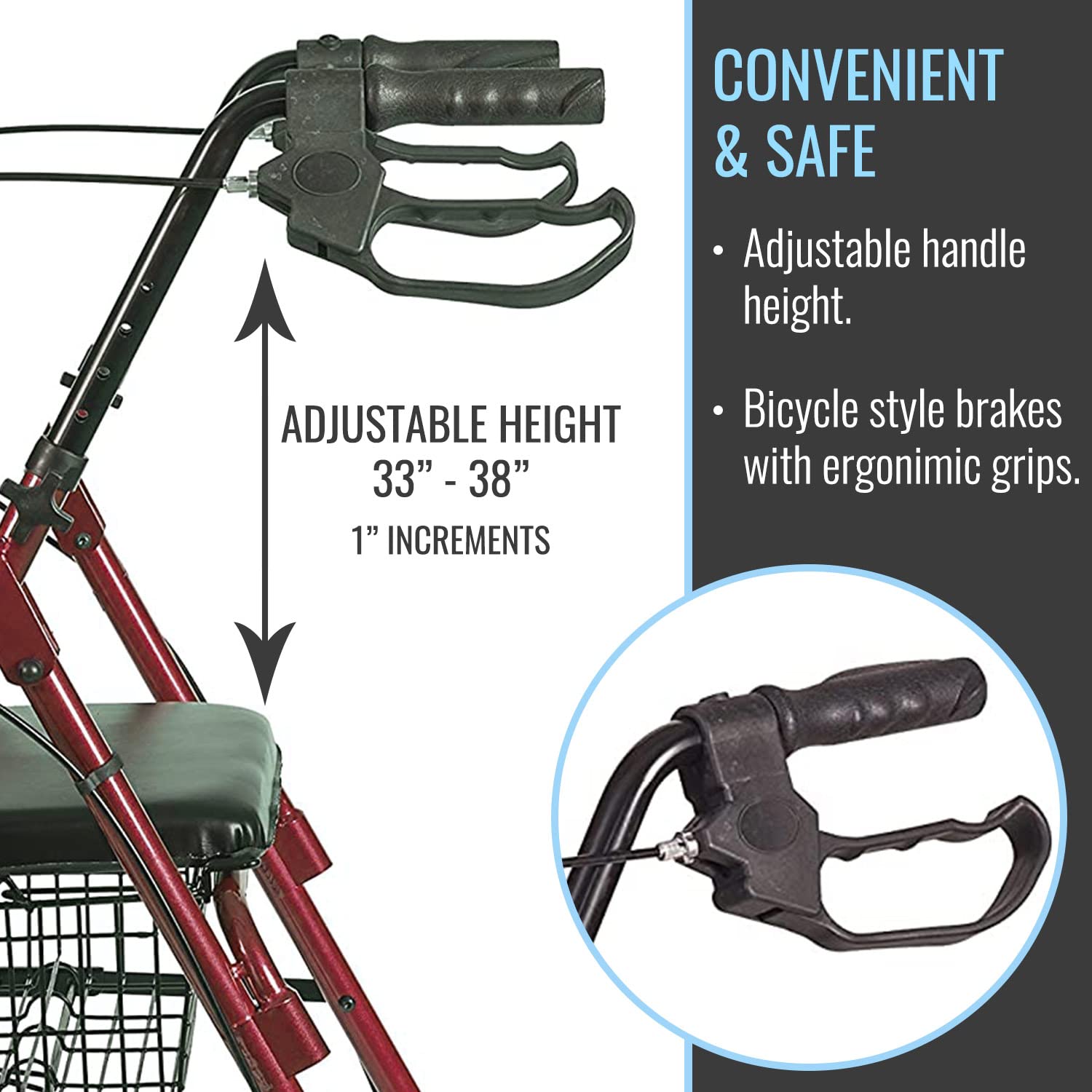 DMI Ultra Lightweight Folding Aluminum Rollator Walker with Adjustable Handle Height, FSA and HSA Eligible, Cushioned Flip Up Seat and Convenient Storage Basket, Burgundy - Image 6