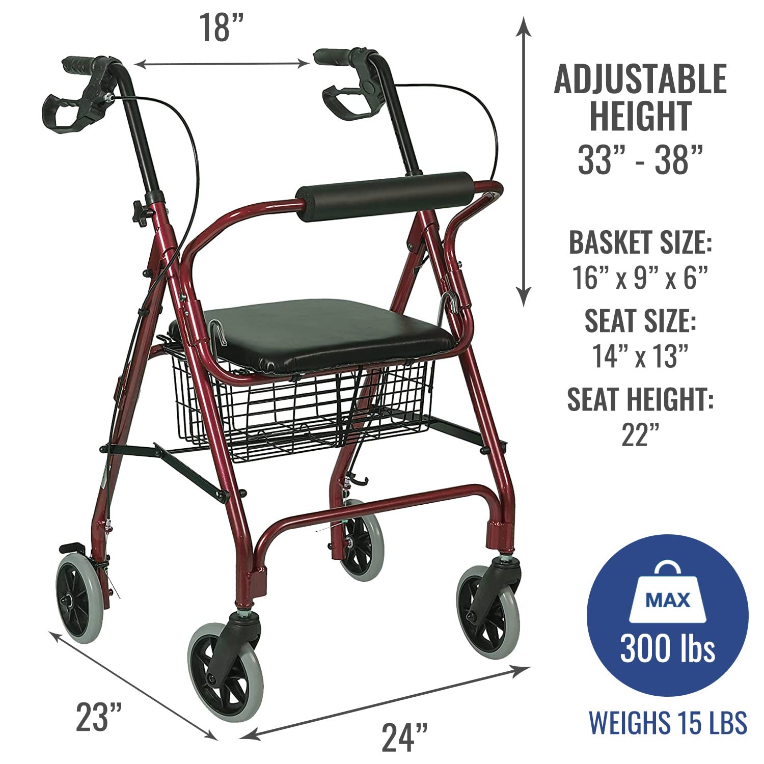 DMI Ultra Lightweight Folding Aluminum Rollator Walker with Adjustable Handle Height, FSA and HSA Eligible, Cushioned Flip Up Seat and Convenient Storage Basket, Burgundy - Image 7